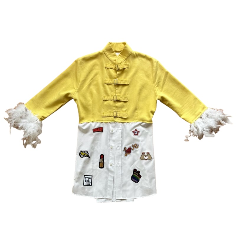 Thumbnail of Upcycled Feather Detail Hybrid Blazer-Shirt - Yellow & White image