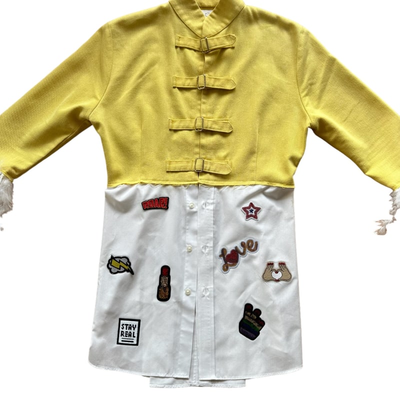 Thumbnail of Upcycled Feather Detail Hybrid Blazer-Shirt - Yellow & White image