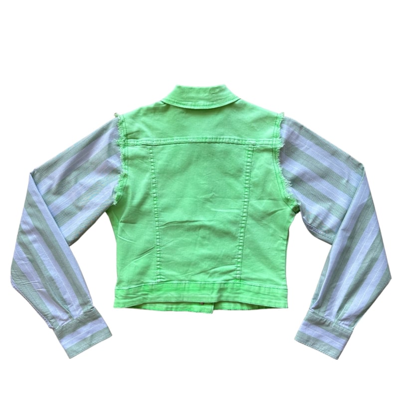 Thumbnail of Upcycled Two-Toned Hybrid Denim Jacket - Neon Green & Pale Blue & Pale Green image