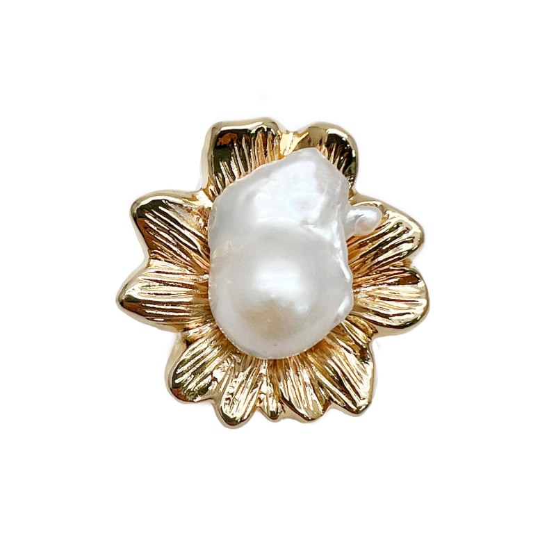 Gold Flower Setting With White Baroque Pearl Multi Way Brooch by Farra