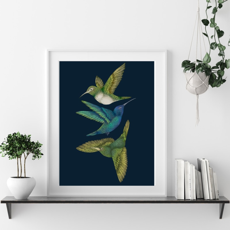 Thumbnail of Antique Hummingbirds Iii Indigo Fine Art Print - A5 image