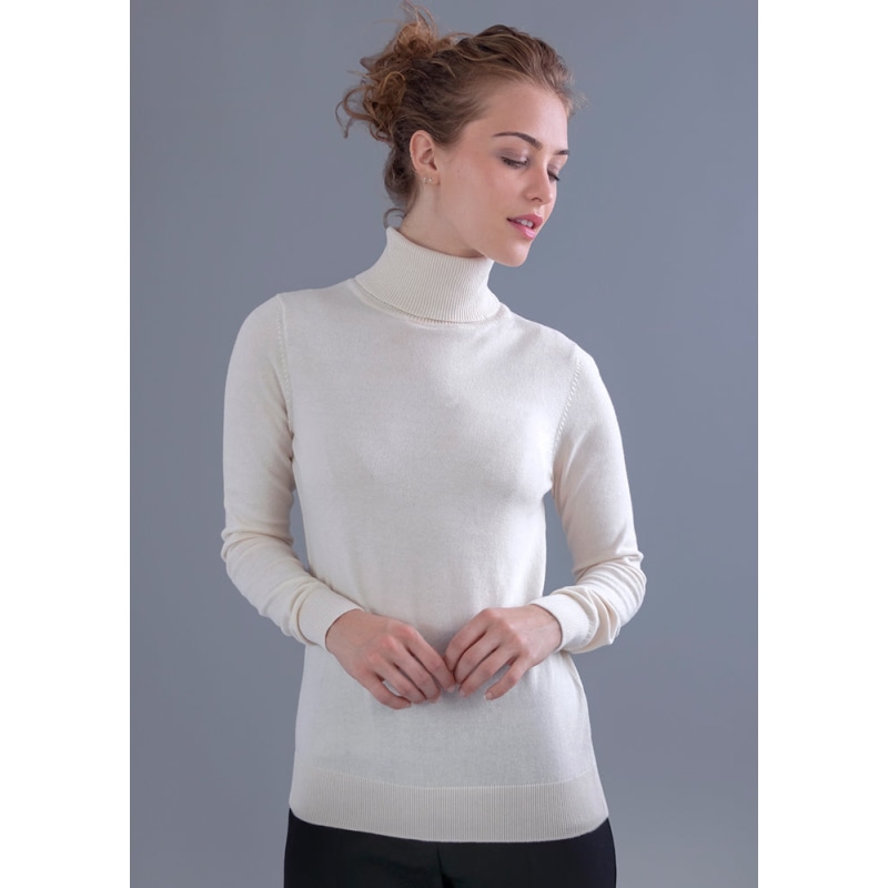 Women's Terri Ultra-Fine Cotton Roll Neck Long Sleeve Jumper - Ecru | Paul  James Knitwear | Wolf & Badger