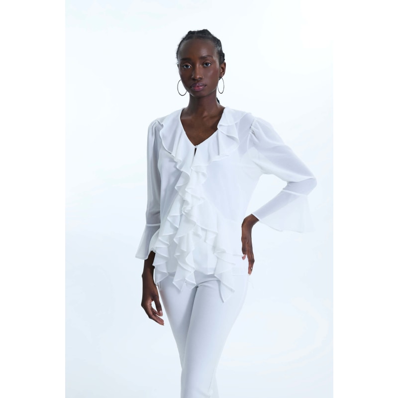 Thumbnail of V-Neck Chiffon Ruffle Blouse Cream image