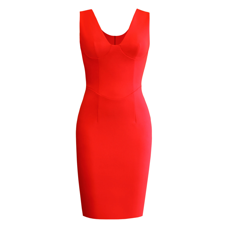 V Neck Pencil Dress With Bustier Accent - Red, L'MOMO