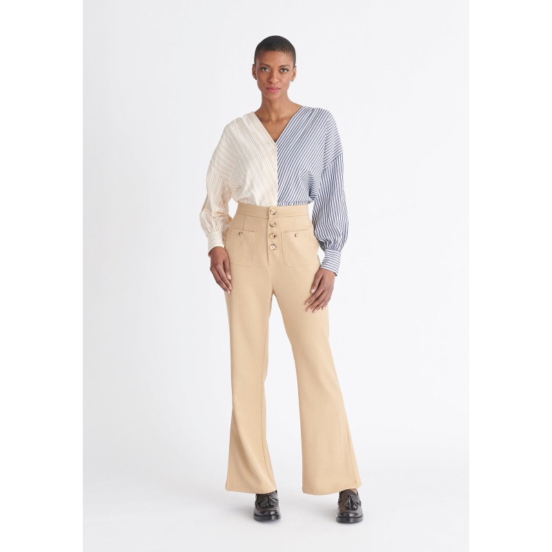 High Waist Flare Trousers In Beige, PAISIE