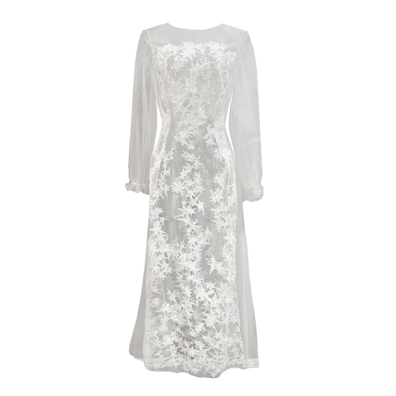 Thumbnail of Star Embroidered Off White Sheer Tulle Long Gown image