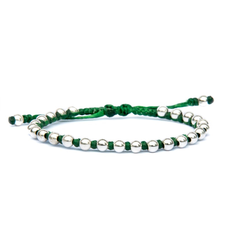 Thumbnail of Women Delicate Green Rope Friendship Bracelet With Sterling Silver Beads - Green image