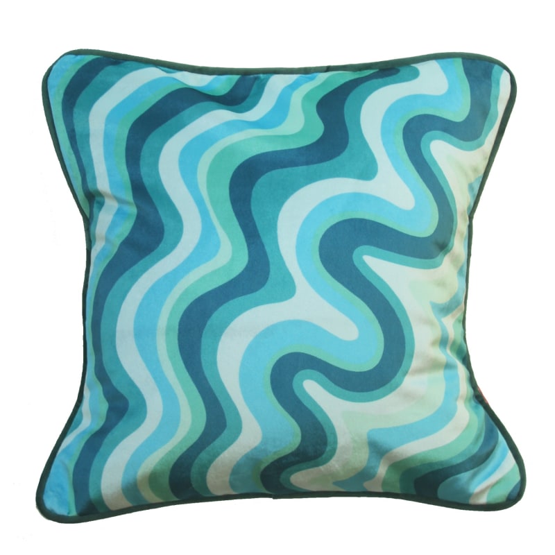 Thumbnail of Colourful Velvet Piped Cushion - Aqua Wavy image