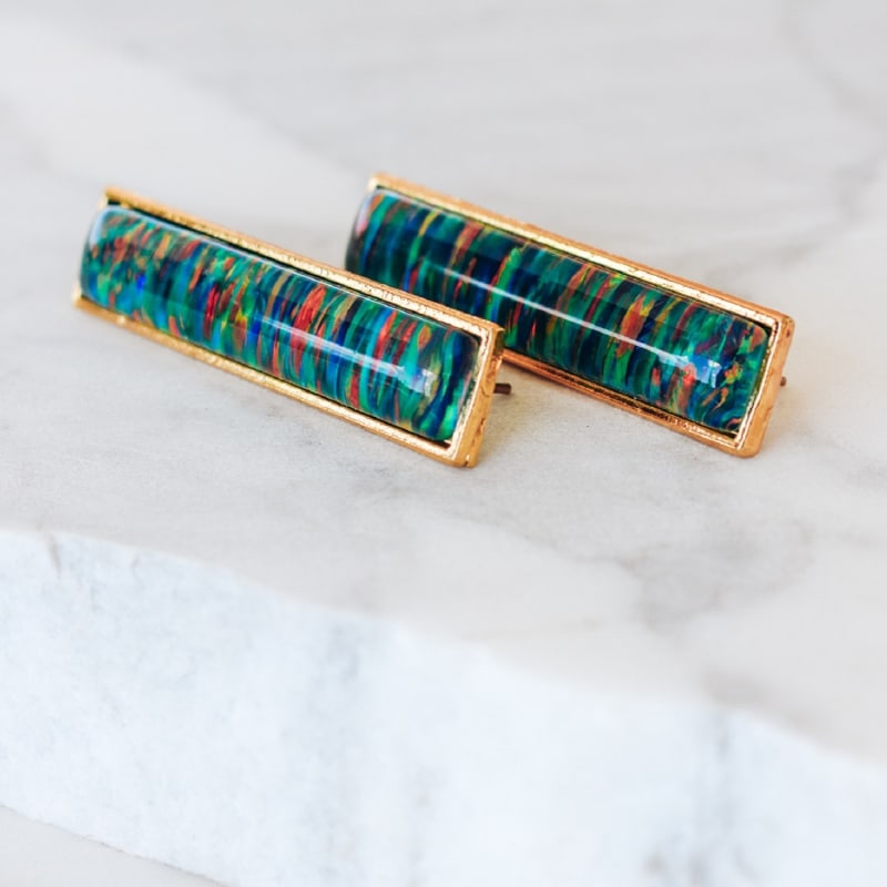 Thumbnail of Large Rectangular Statement Green Opal Drop Gold Earrings image