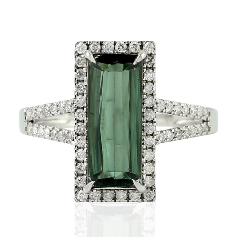 Thumbnail of 18K White Gold Cocktail Ring Green Tourmaline Pave Diamond Ring Jewelry image