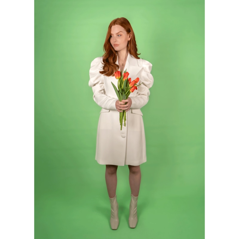 Thumbnail of Draped Sleeved Tailored Blazer Dress - White image