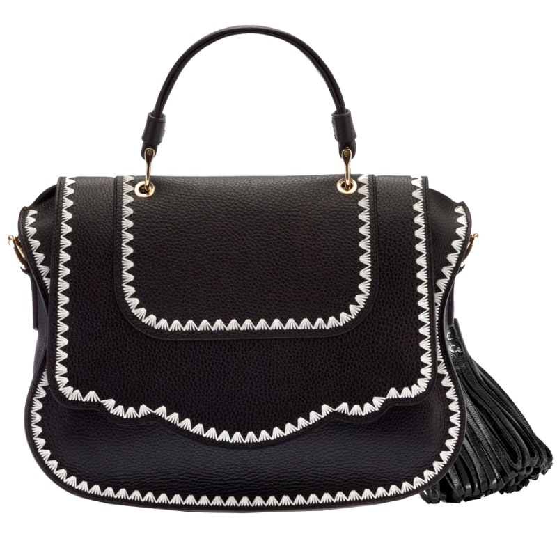 Audrey Handbag: Designer Satchel, White Leather/Black Stitch