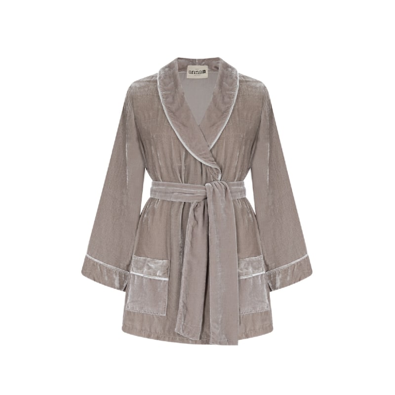 Thumbnail of Velvet Short Robe With Belt - Cool Grey image