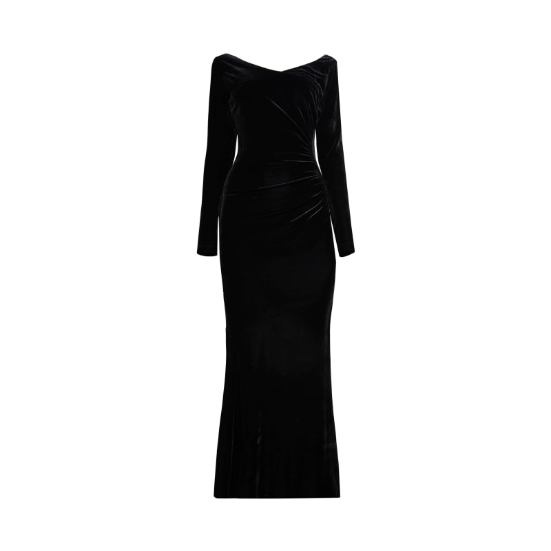 Velvet Side Ruched Midi Dress Black