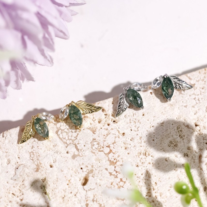 Thumbnail of Verdant Moss Agate Studs Yellow Gold Vermeil image