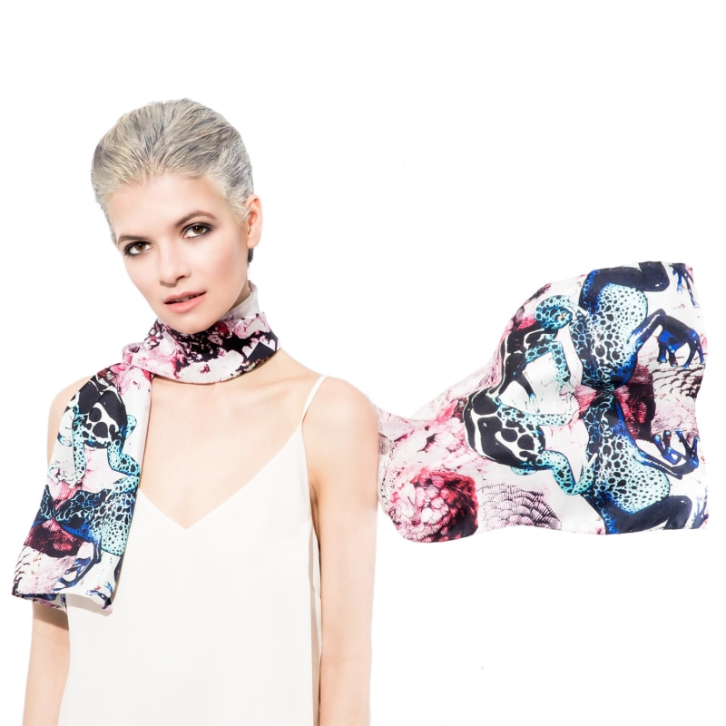 Thumbnail of Frogs & Feathers Pink Small Silk Scarf image