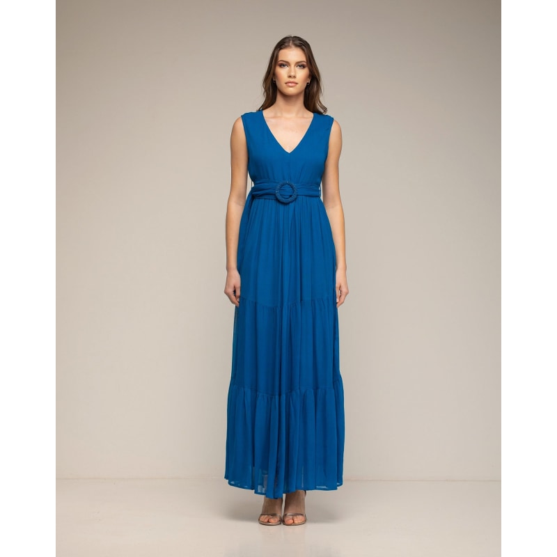 Thumbnail of Long Dress With Ruffle And V-Neck Blue image