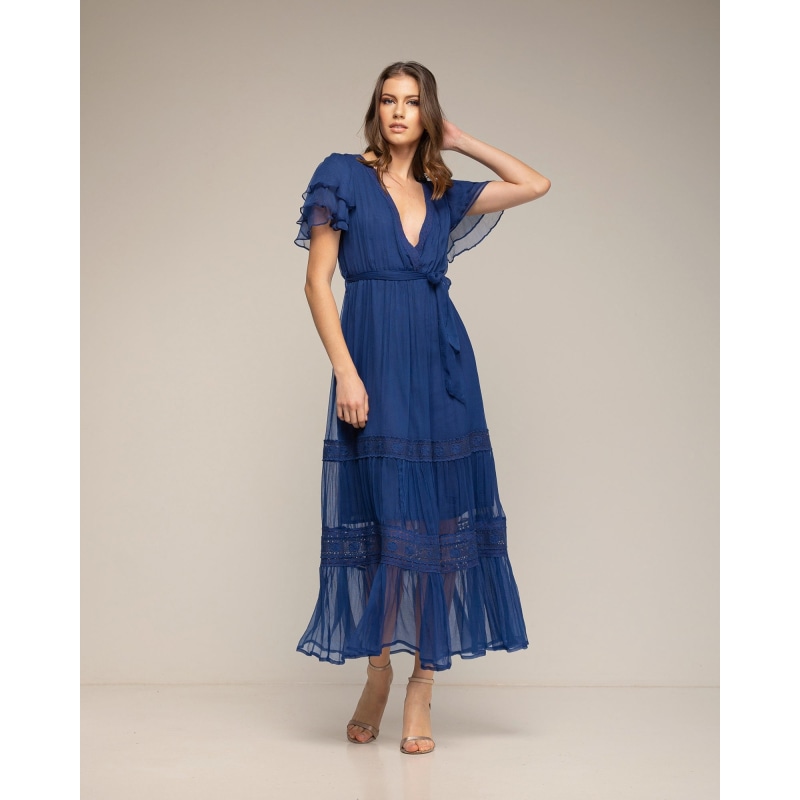 Thumbnail of Chiffon Midi Dress With Lace Blue image