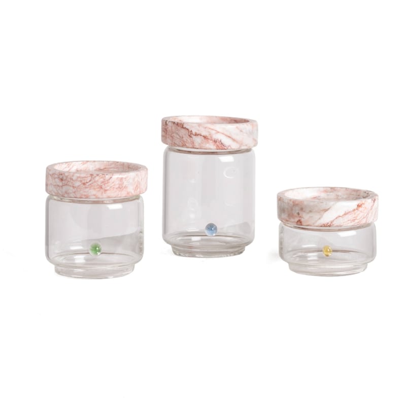 Thumbnail of Three Stackable Glass Containers w/ Pink Marble Lid image