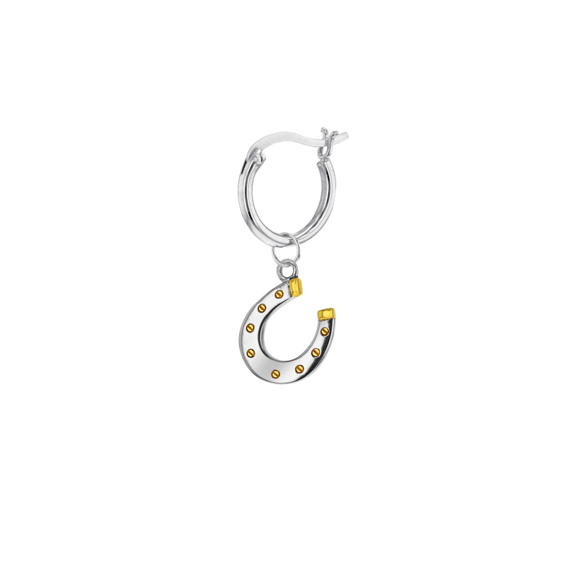 Thumbnail of 2 Tone Sterling Silver & 18Kt Gold Plated Mini Horse Shoe Charm On Sterling Silver Hoop Earring image