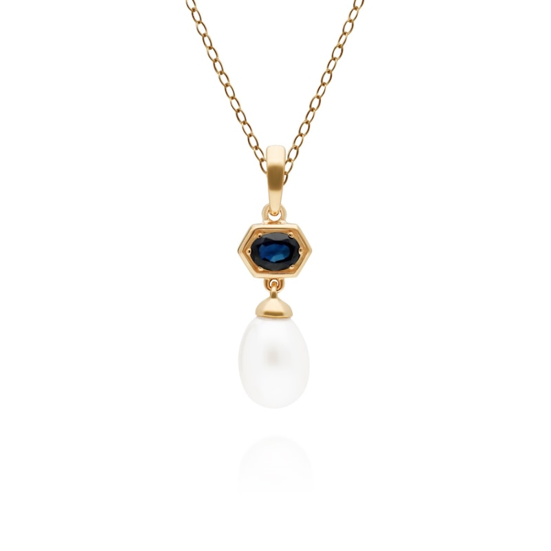 Thumbnail of Modern Pearl & Blue Sapphire Pendant In Yellow Gold Plated Silver image