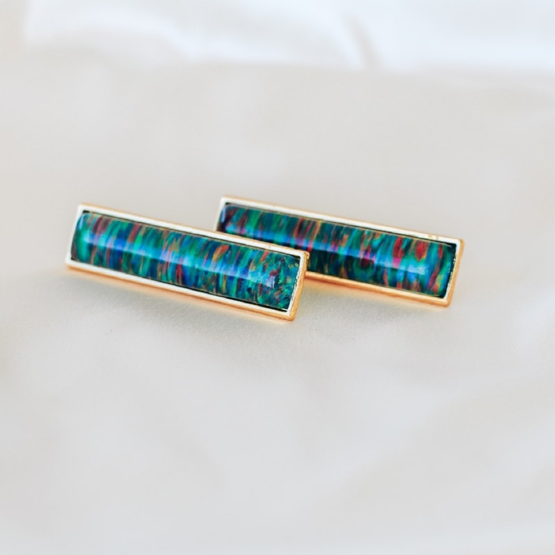 Thumbnail of Large Rectangular Statement Green Opal Drop Gold Earrings image