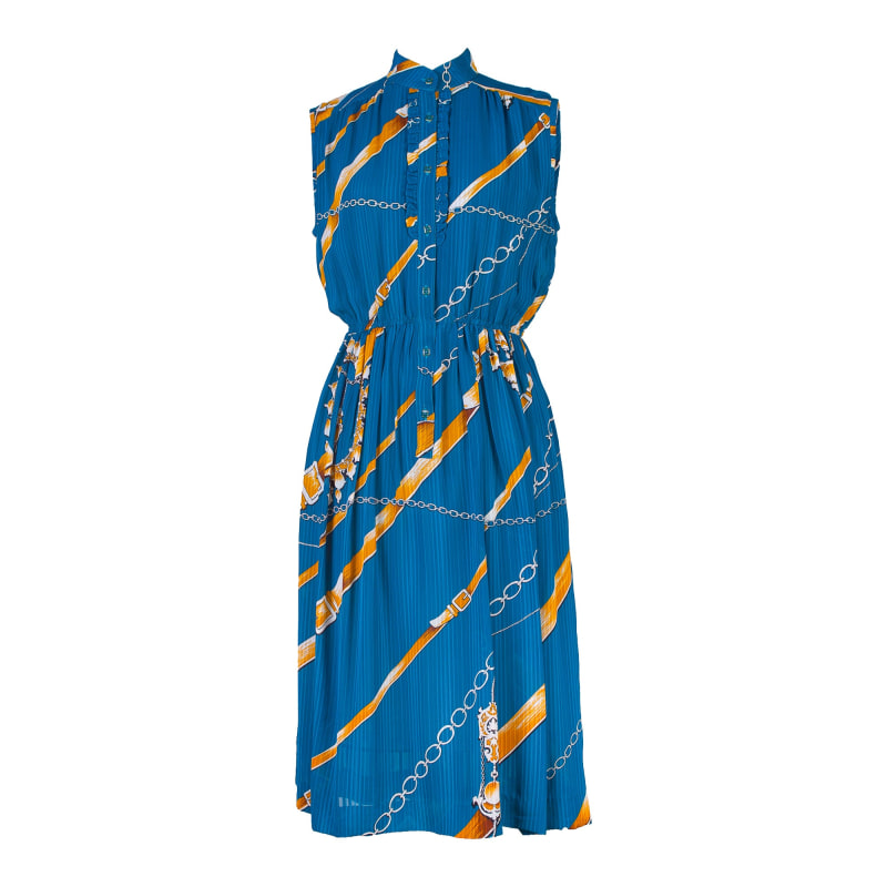 Vintage Blue Dress With Yellow Stripes & Mini Ruffle Neck | Sugar ...