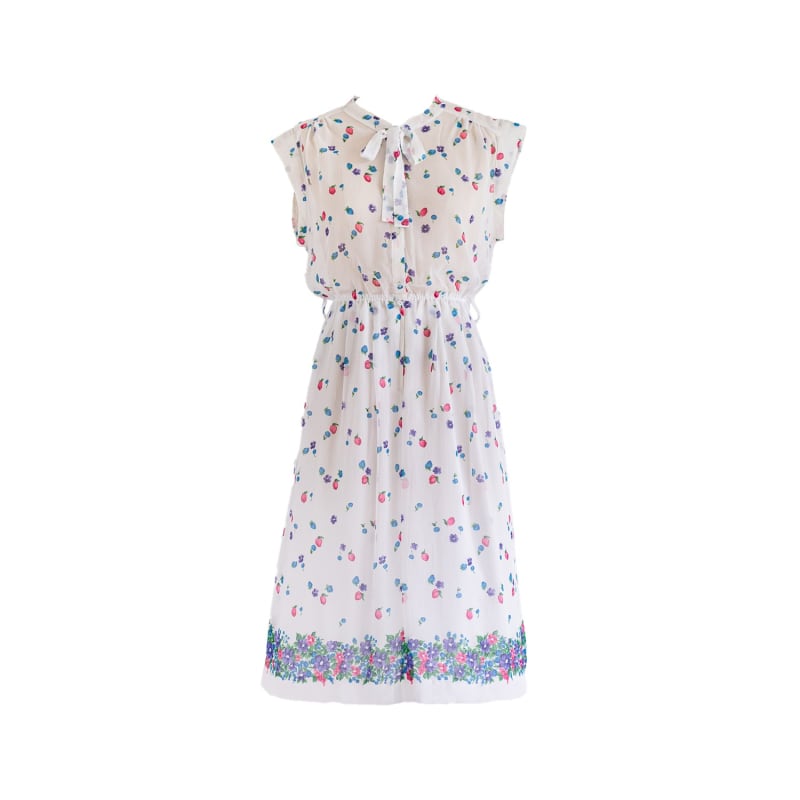 Vintage Chiffon White Floral Print Bow Tie-Neck Midi Dress | Sugar