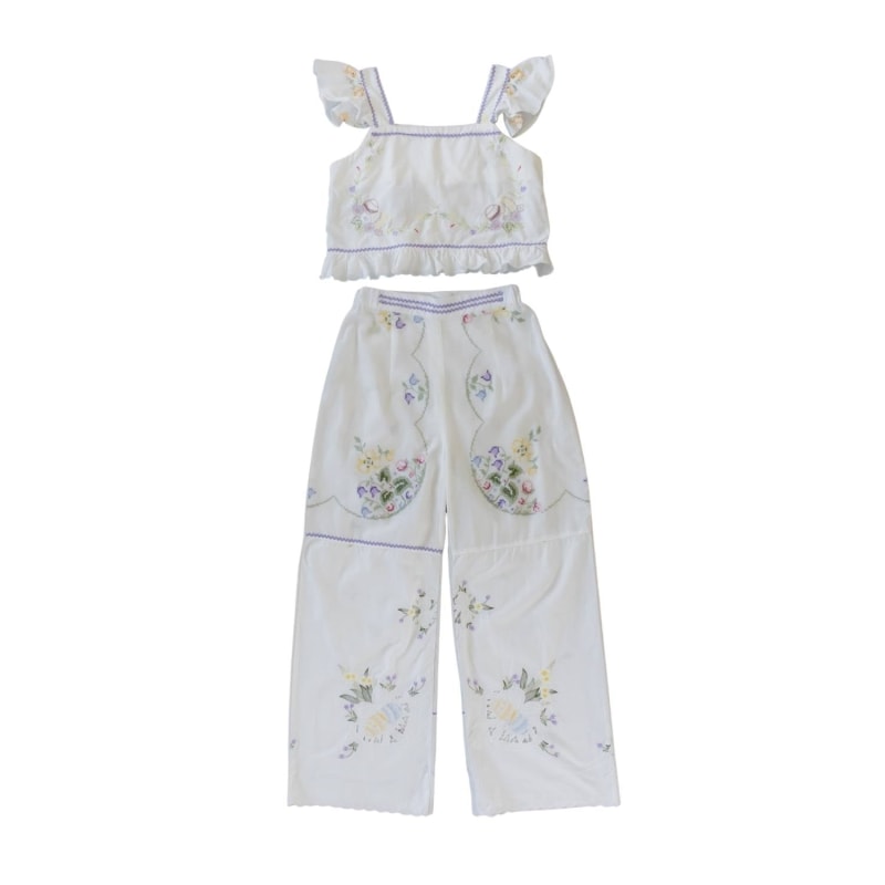 Vintage Floral Top and White Trousers Set