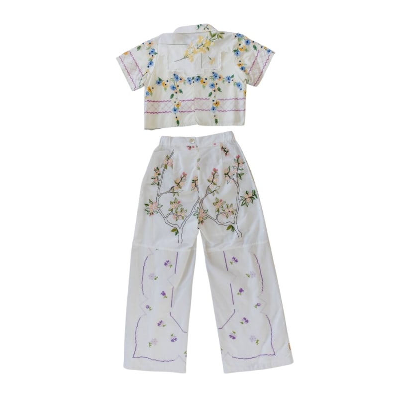 Vintage Floral Top and White Trousers Set