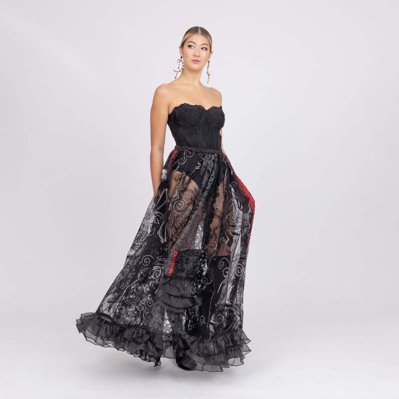 Virtue Black And Silver Sparkle Multi Lace Maxi Skirt With