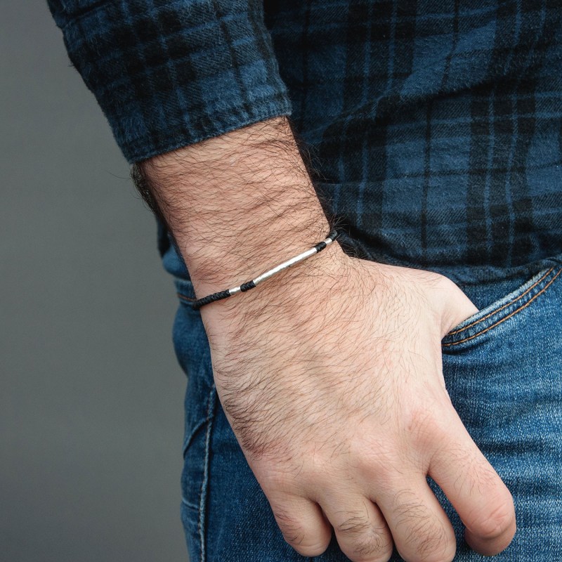 Thumbnail of Black Rounded Viking Style Men Bracelet - Hammered Silver With Knots - Black image