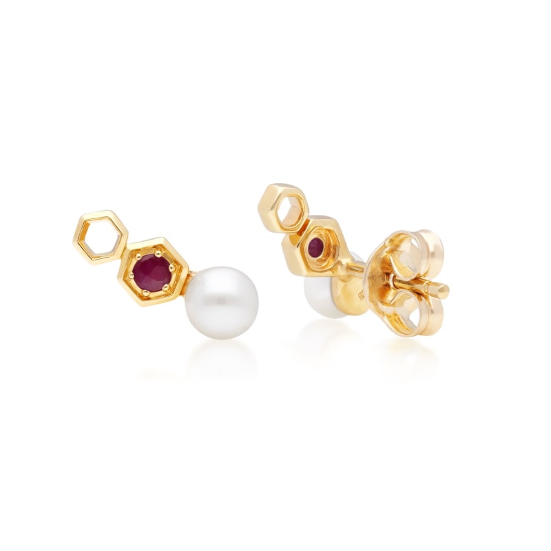 Thumbnail of Modern Pearl & Ruby Ear Climber Studs In Yellow Gold image