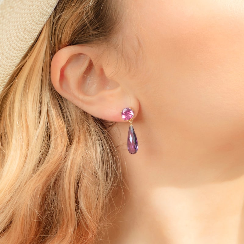 Thumbnail of Purple Amethyst & Pink Tourmaline Gold Drop Earrings image