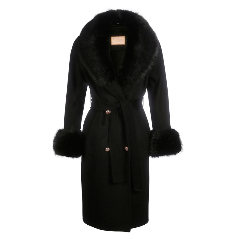 'Marlene' 100% Cashmere & Wool Coat With Faux Fur In Nero by Santinni