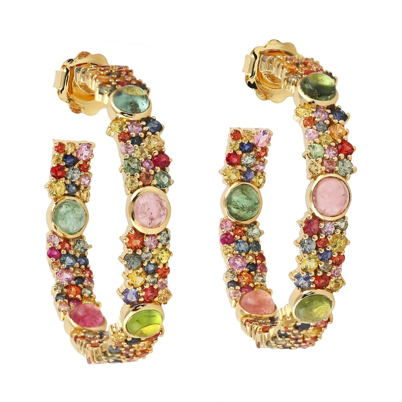 Thumbnail of 18K Yellow Gold Multi Sapphire Hoop Earrings Women's Jewelry image