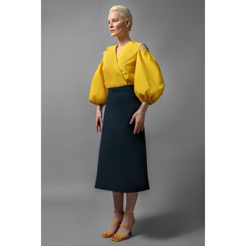 Thumbnail of Cold Shoulder Puff Sleeve Lapel Top - Yellow & Orange image