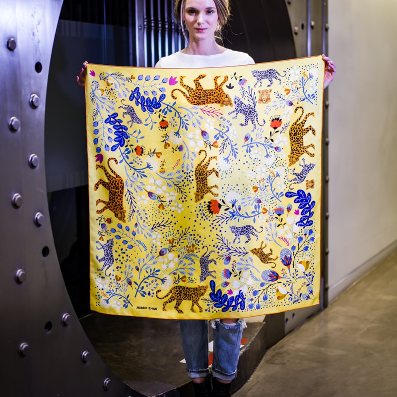 Thumbnail of Silk Scarf In Yellow With Leopard & Flowers image