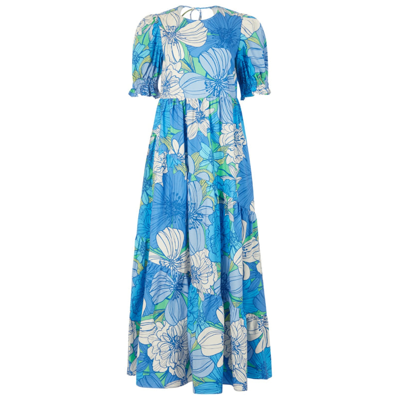 The Cecelia Organic Cotton Short Sleeve High Neck Maxi Dress In Blue Floral  by Lavaand