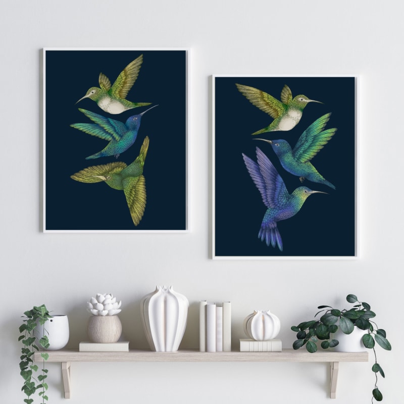 Thumbnail of Antique Hummingbirds Ii Indigo Fine Art Print A5 image