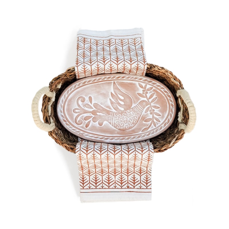 Thumbnail of Bread Warmer & Basket Gift Set With Light Brown Tea Towel - Bird Oval image