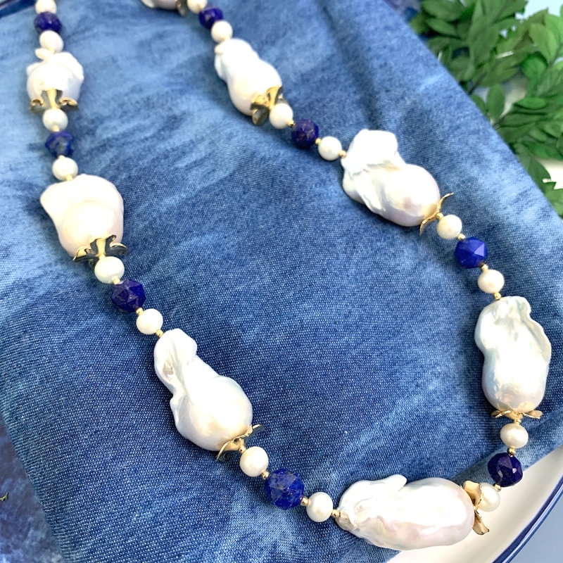 Thumbnail of Baroque Pearls With Lapis Timeless Necklace image