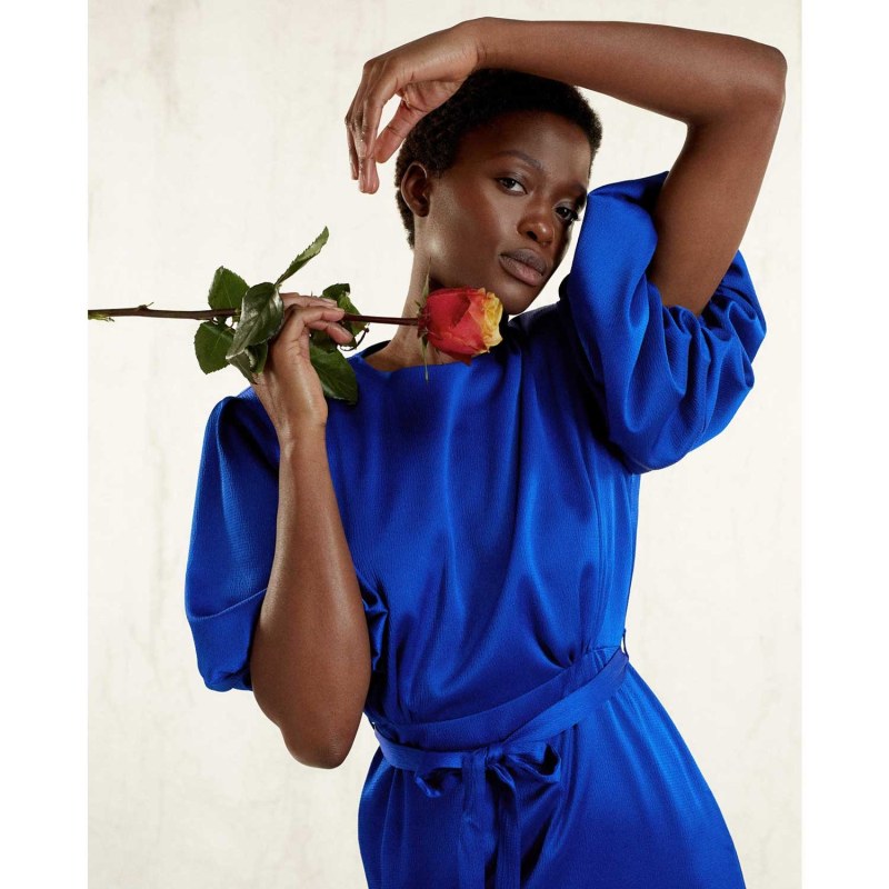 Thumbnail of Draped Puff Sleeve Satin Dress - Royal Blue image