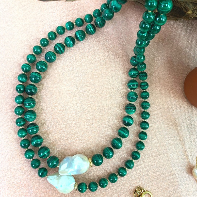 Thumbnail of Malachite With Baroque Pearls Double Strands Necklace image