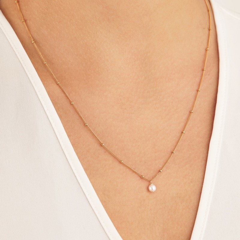 Thumbnail of Gold Single Pearl Necklace On Satellite Chain image