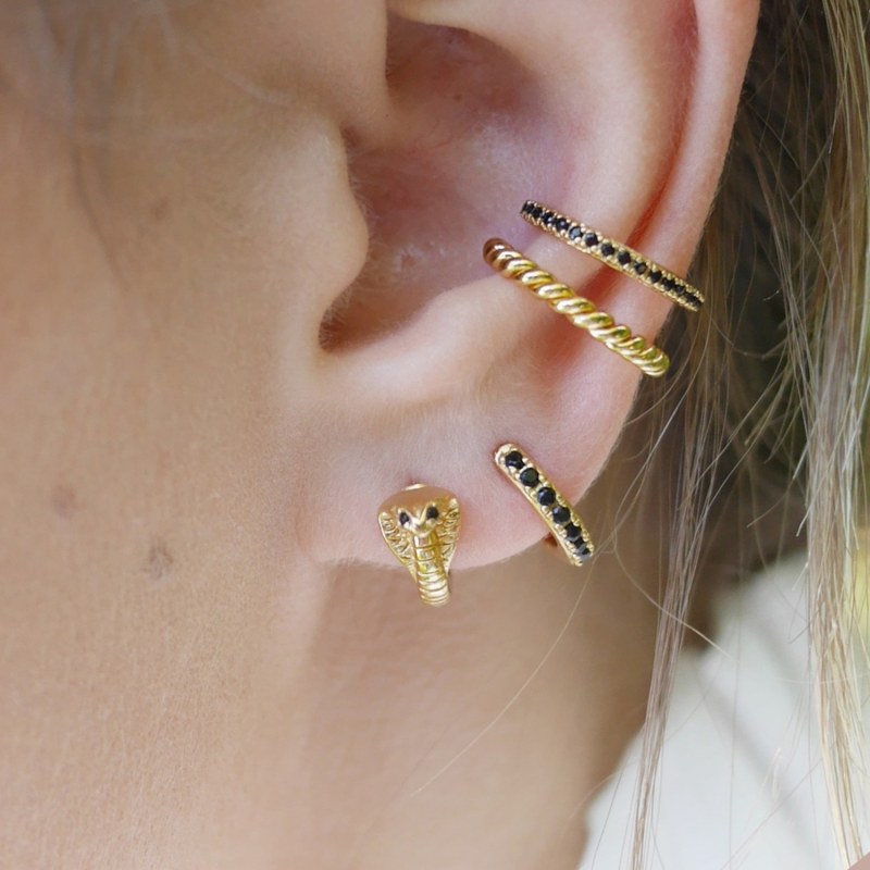 Thumbnail of Gold Cobra Snake Huggie Hoop Earrings With Black Eyes image