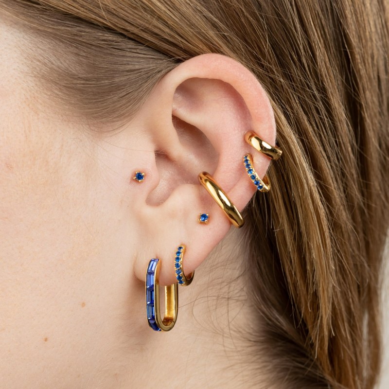 Thumbnail of Gold Oval Baguette Hoop Earrings With Blue Stones image