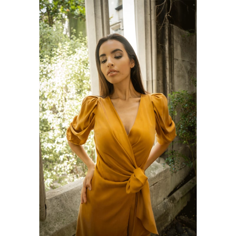 Thumbnail of Draped Vegan-Cupro Wrap Dress - Yellow & Orange image