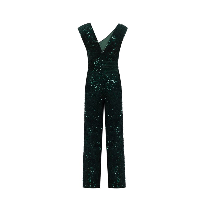 Green Velvet Sequin Jumpsuit With Silk Satin Lining & Detachable Belt