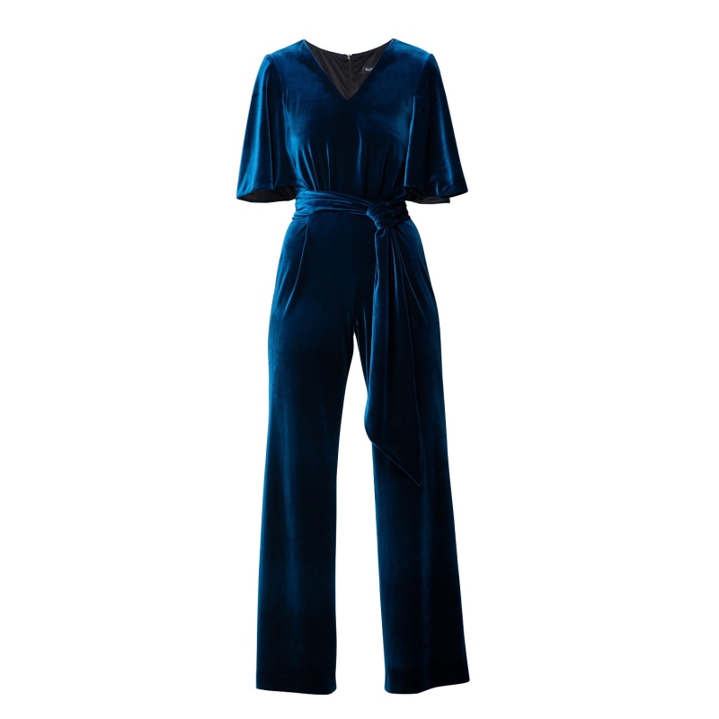 Layla Velvet Jumpsuit With Bell Sleeves & Sash In Royal Blue | Rumour ...